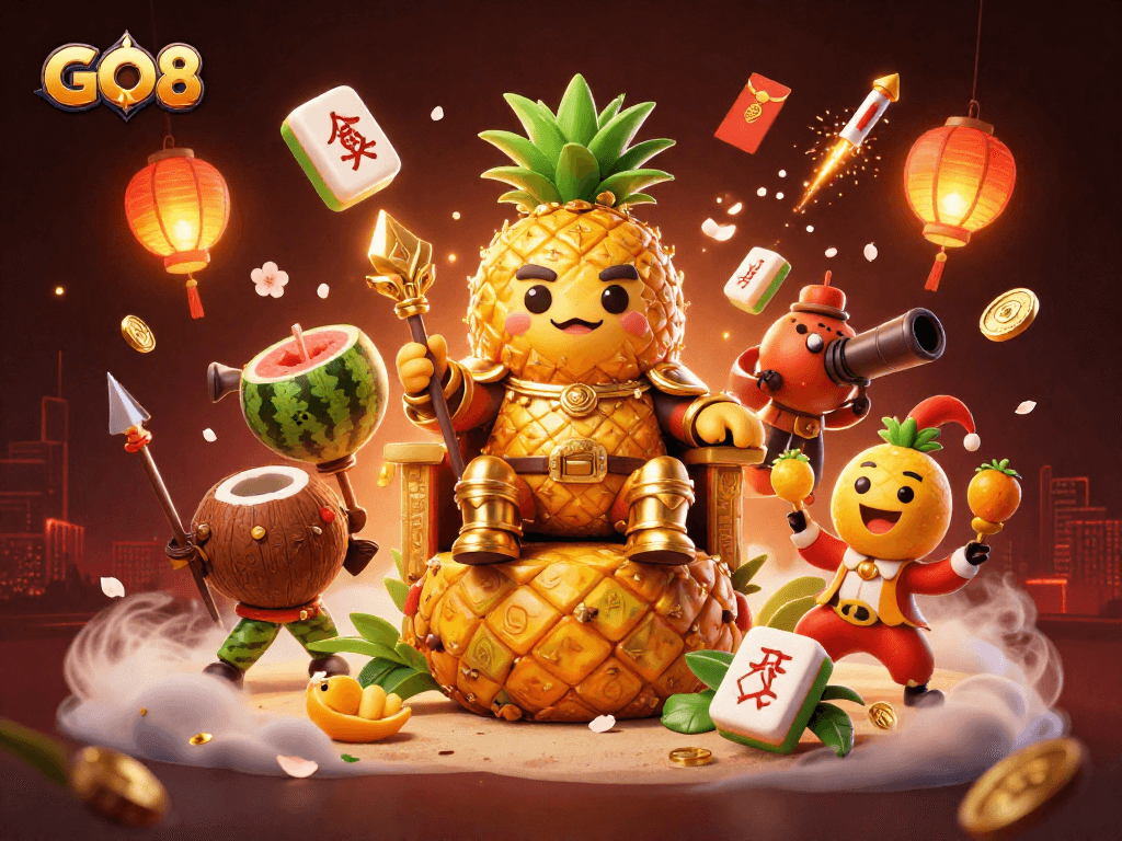 Spin to win with GO8's vibrant beach casino themed illustration featuring golden pineapple king and fun characters.