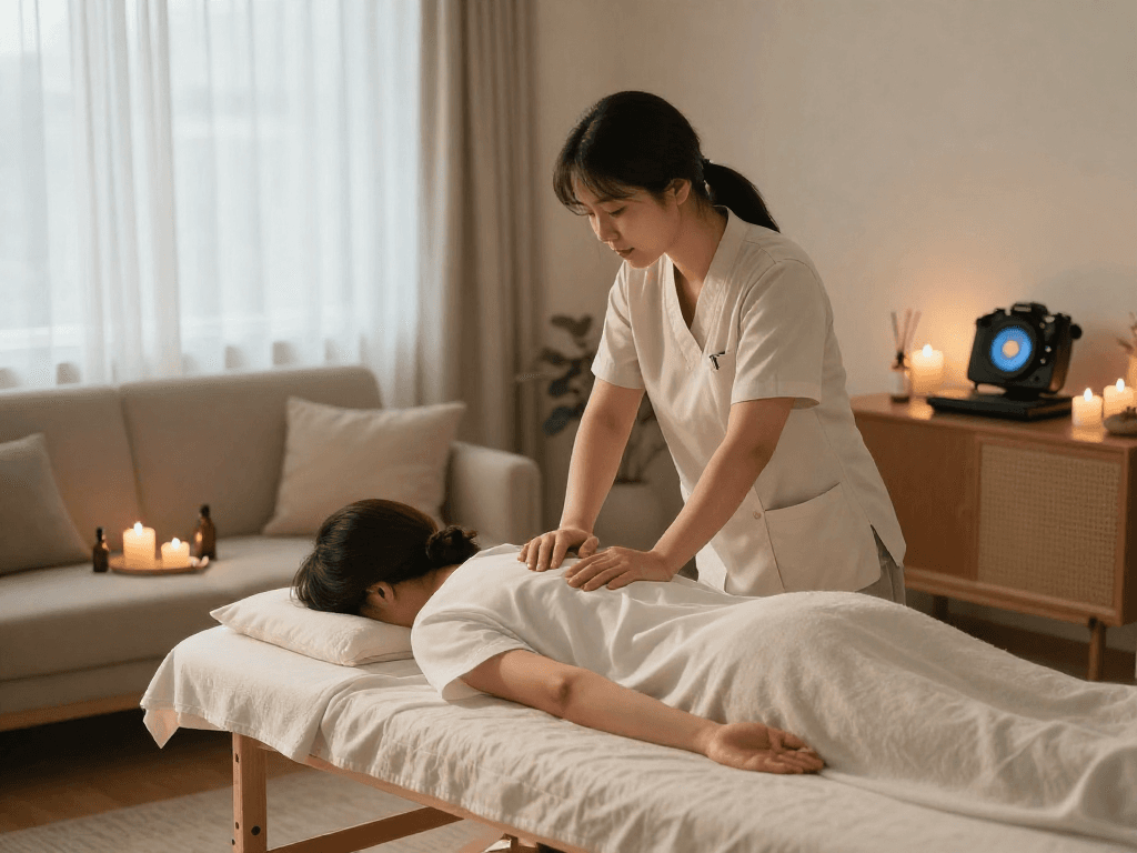 Experience 김포출장마사지 in a serene home setting with a professional therapist providing a soothing massage.