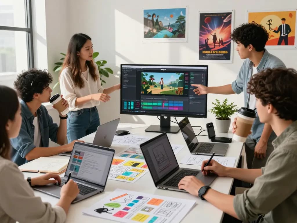 Creative team exploring kling 2.14 features in a vibrant studio environment, showcasing innovative video production techniques.