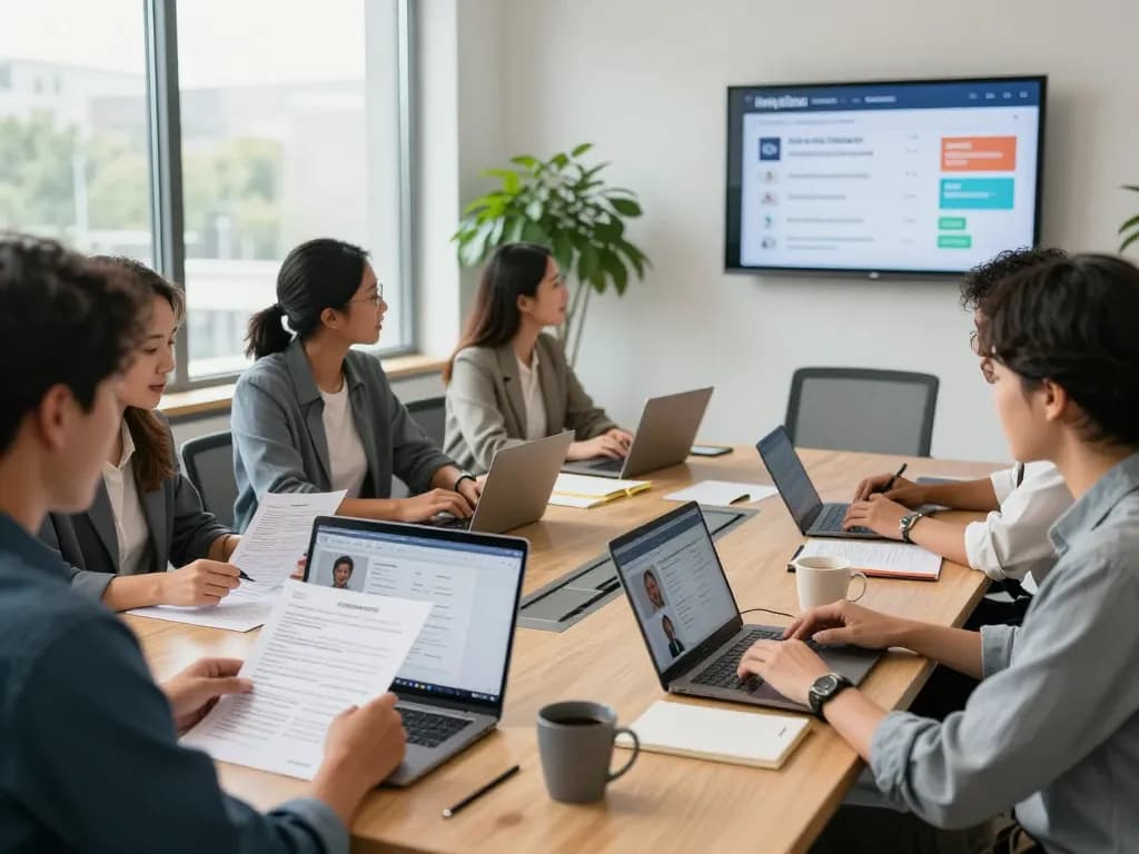 Recruiters at temporary staffing agencies collaborating over candidate profiles in a bright office.