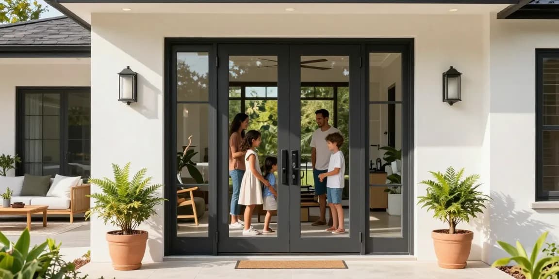 Single leaf double swing door enhancing a modern home entrance with clear glass and inviting atmosphere.