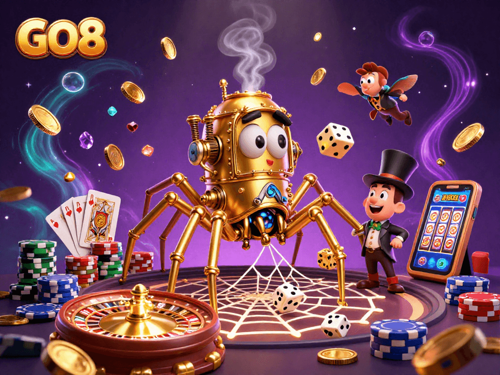 Win big at GO8 while enjoying 3D steampunk fun with a golden spider and poker elements!