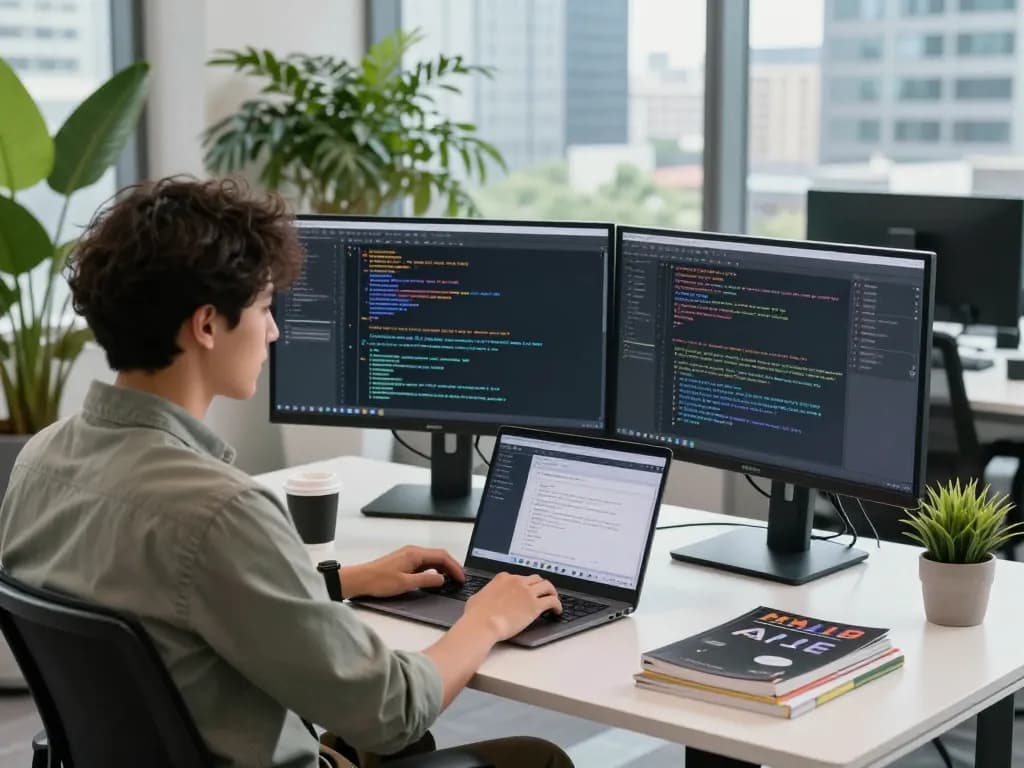 AI engineer developing sex AI algorithms in a modern workspace with code displayed on dual monitors.