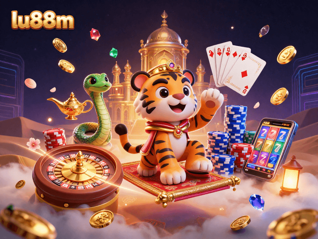 Experience luxury and excitement at lu88m through an Arabian-themed casino adventure illustration.