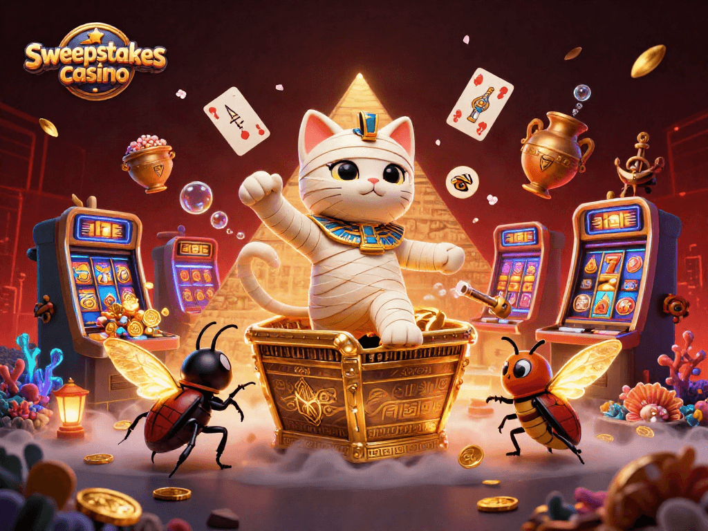 Sweepstakes casino scene featuring a mummy cat and scarab beetle amidst floating playing cards and slot machines.