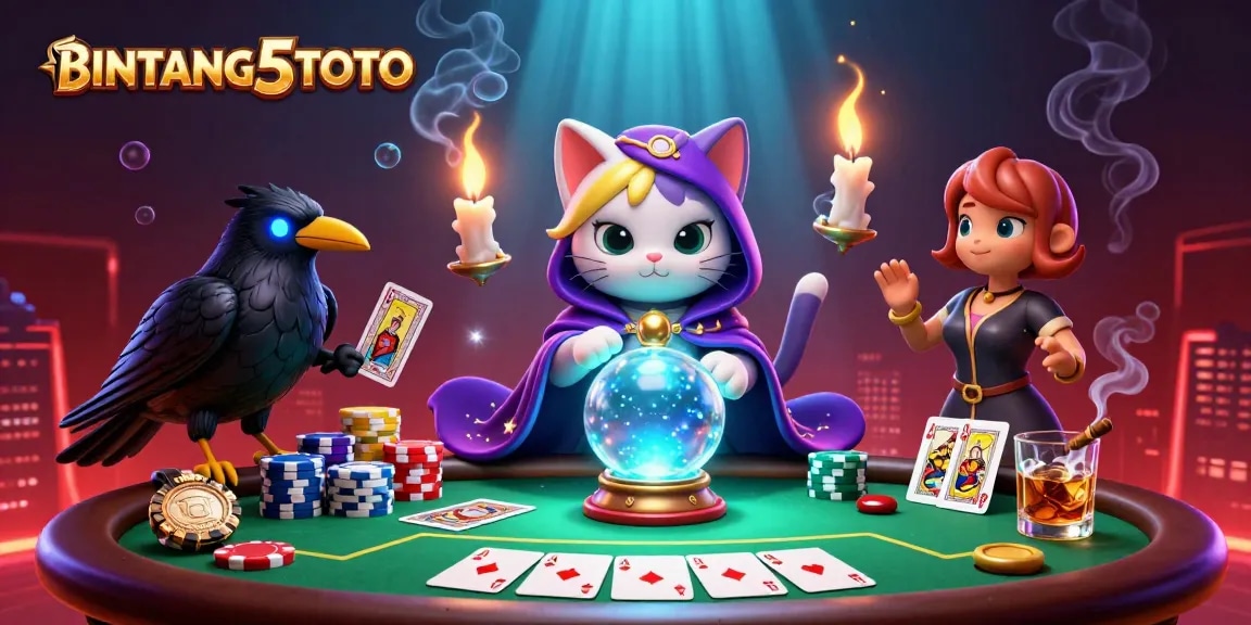 BINTANG5TOTO showcases a dynamic 3D casino scene with vibrant poker elements and mystical characters.