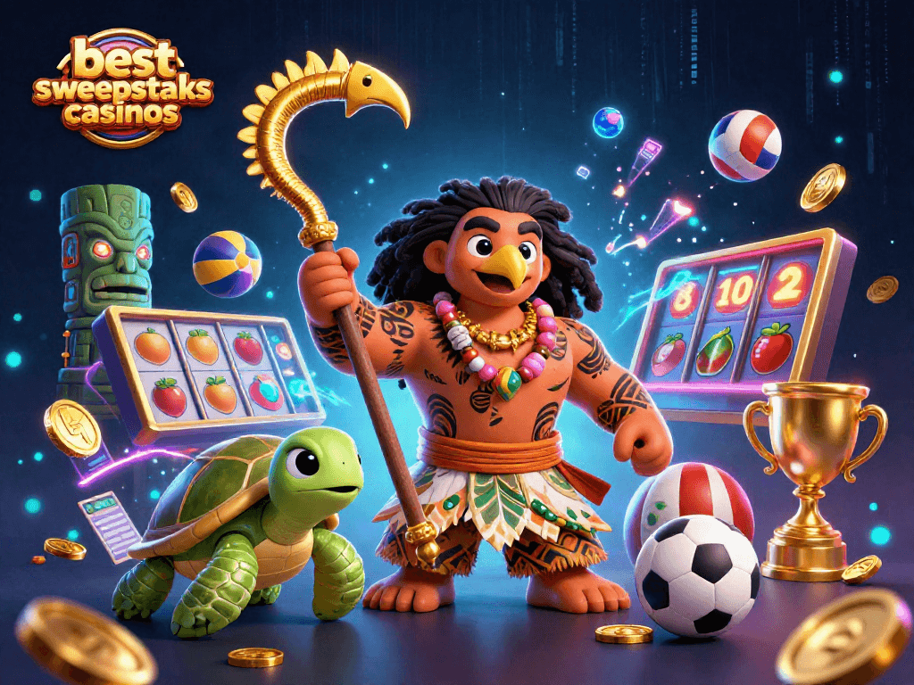 Experience the excitement of best sweepstakes casinos with vibrant illustrations of games and characters.