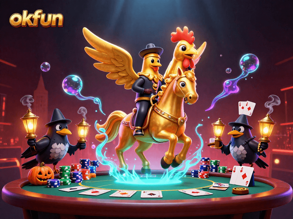 Win big at okfun, featuring a golden rooster and lively casino scene with poker elements.