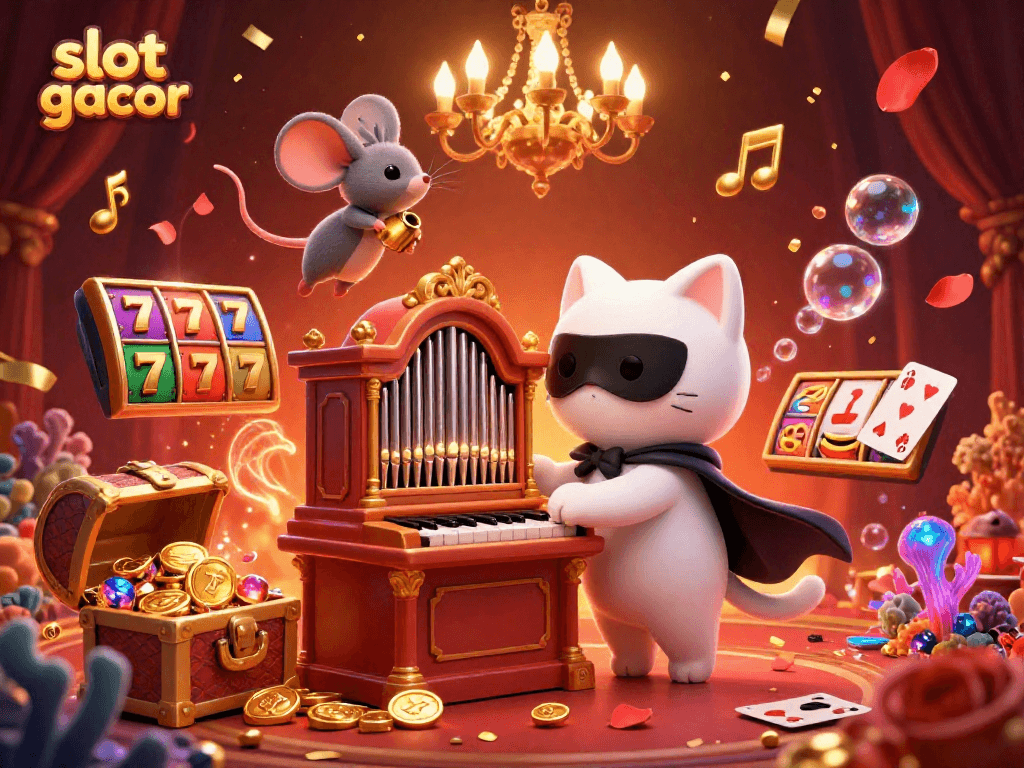 Experience thrilling gameplay at slot gacor, featuring festive gaming elements and animated characters in a casino setting.