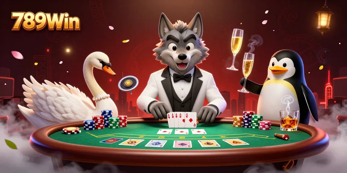Engage in thrilling baccarat action with 789Win's vibrant casino atmosphere featuring animated characters.