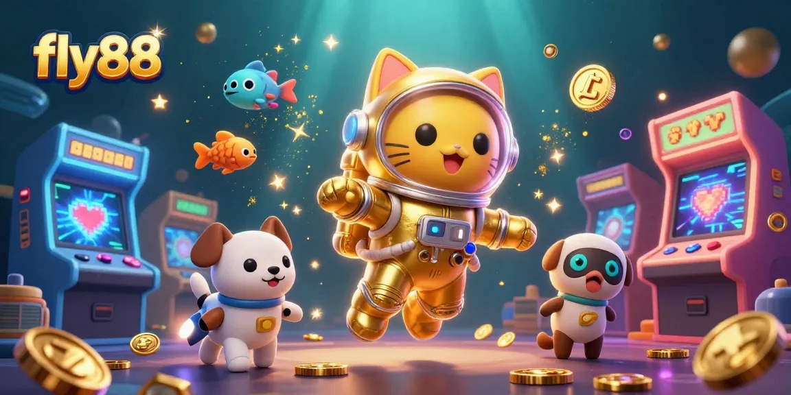 Experience thrilling gaming action at fly88 with a vibrant 3D illustration showcasing casino games and characters.