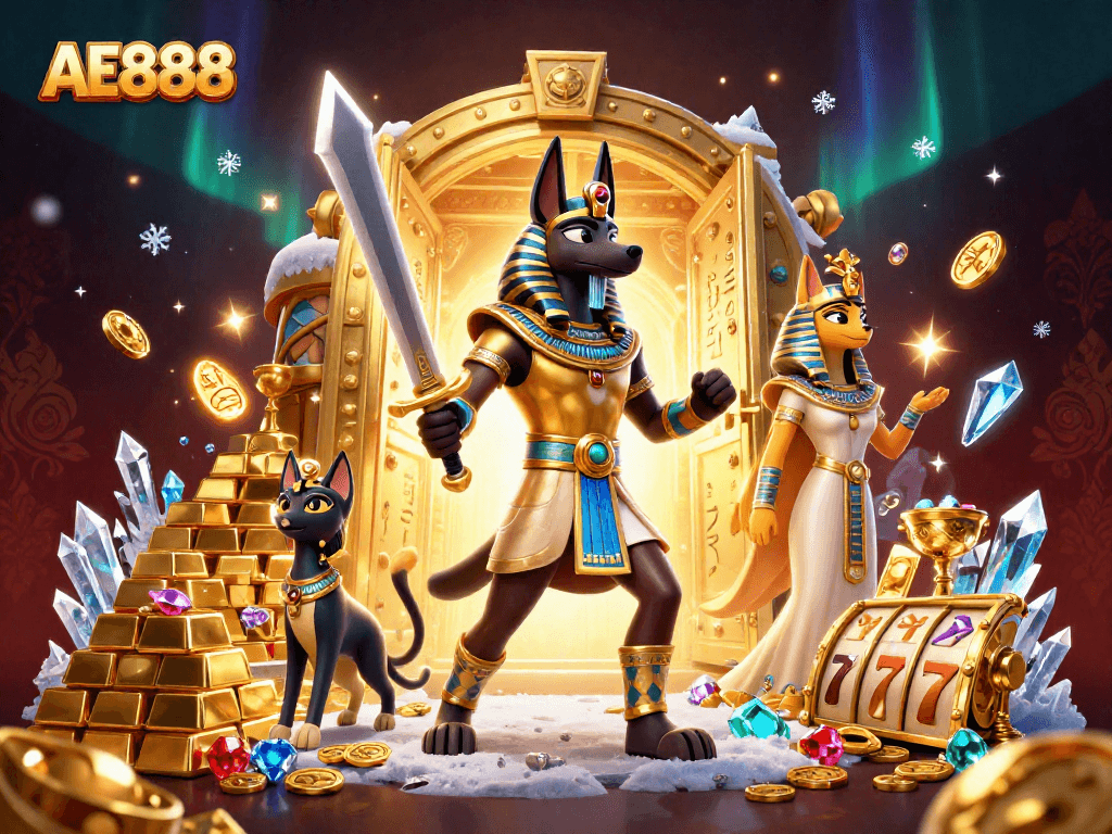 Engage with AE888 and spin the reels as Anubis and Bastet uncover treasures in this vibrant casino scene.