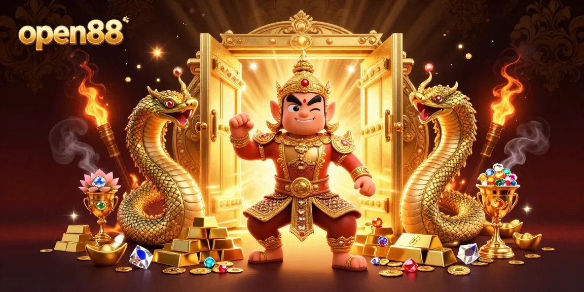 Join the excitement with open88 in this dazzling 3D digital casino adventure featuring golden treasures and vibrant game elements.