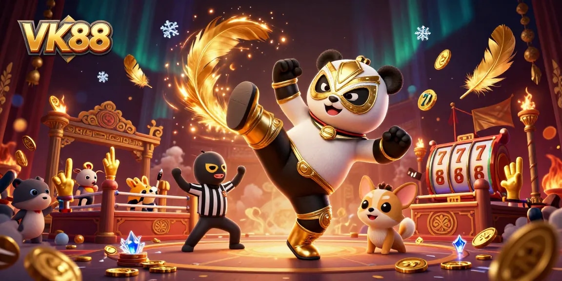 Spin the reels at VK88 and join the fun with lively animal characters in an energetic casino scene.