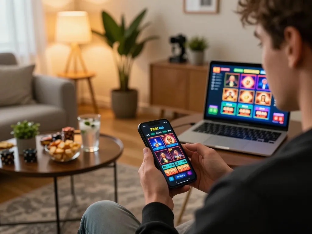Player using F8bet me app in a cozy home setting with a warm ambiance