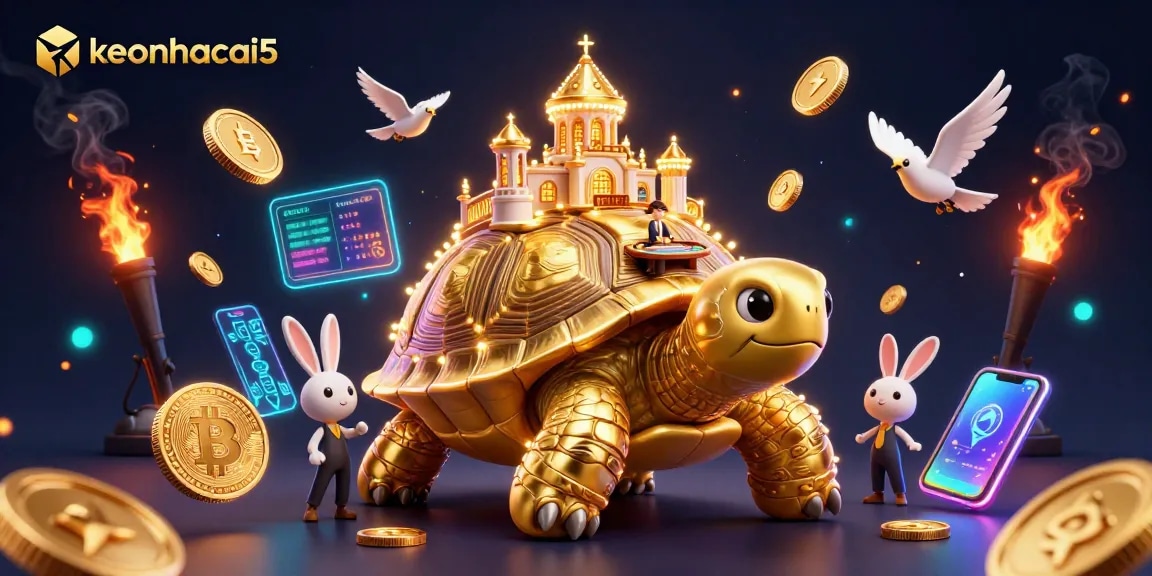 Experience excitement with keonhacai5 as a rabbit dealer showcases a casino on a golden tortoise.