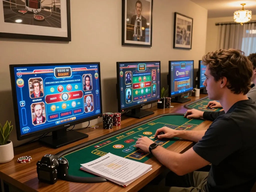 Engaging in F8bet luxury online gaming experience, showing an immersive setup with vibrant games displayed on multiple screens.