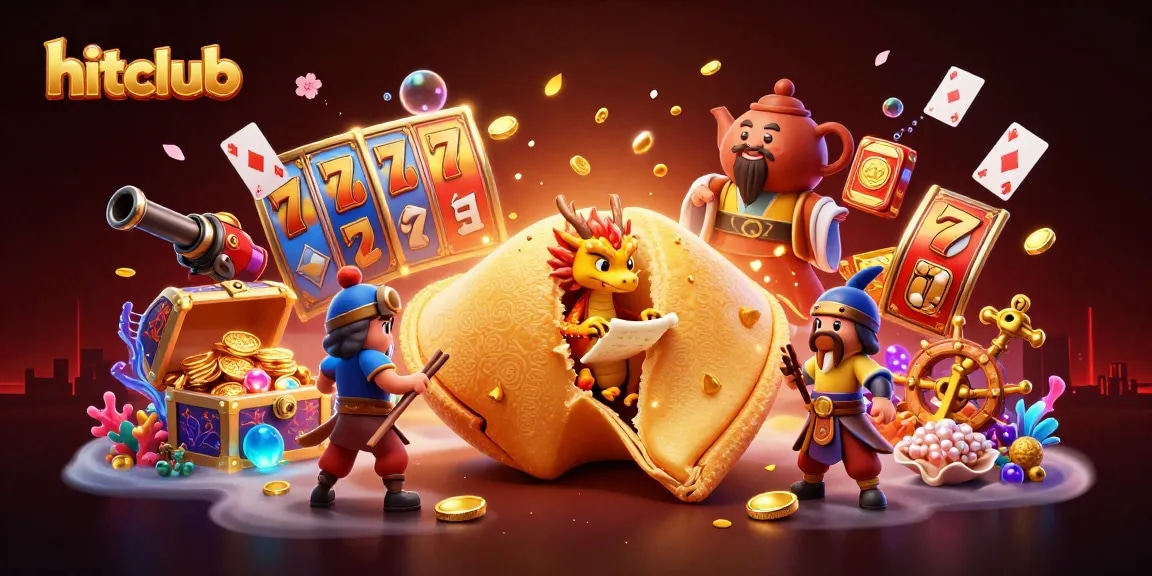 Hitclub players embrace winning strategies with a dynamic scene featuring whimsical 3D characters and vibrant casino elements.