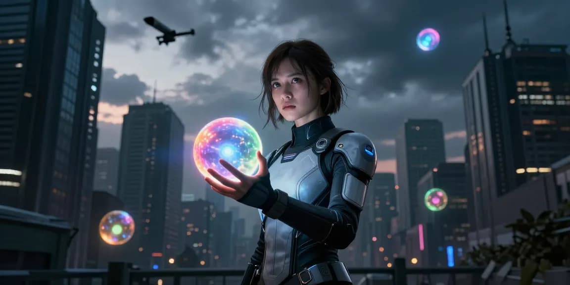 Emma Thorne defying authoritarian government control, holding a glowing emotion orb in a dark urban landscape.