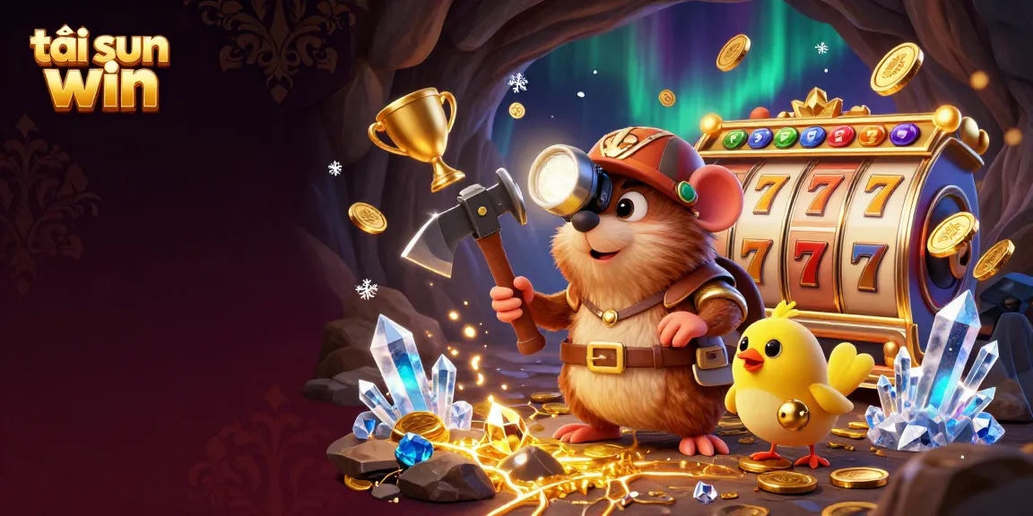 Tải sun win showcases a dynamic scene of a treasure hunter mole with gold and gems in a vibrant 3D casino setting.