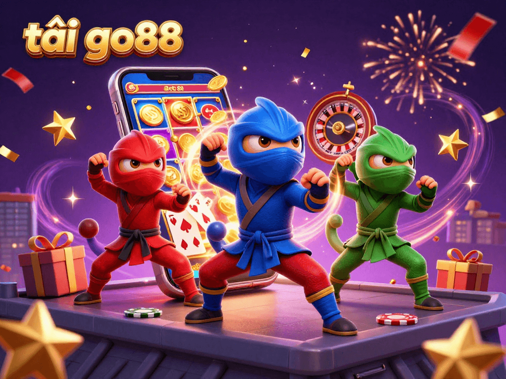 Experience the thrill of tải go88 with ninja chameleon characters amidst a packed casino gaming scene.