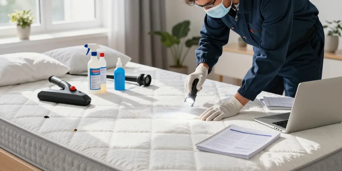 Expert bed bug removal in a bright bedroom with an exterminator inspecting the mattress.