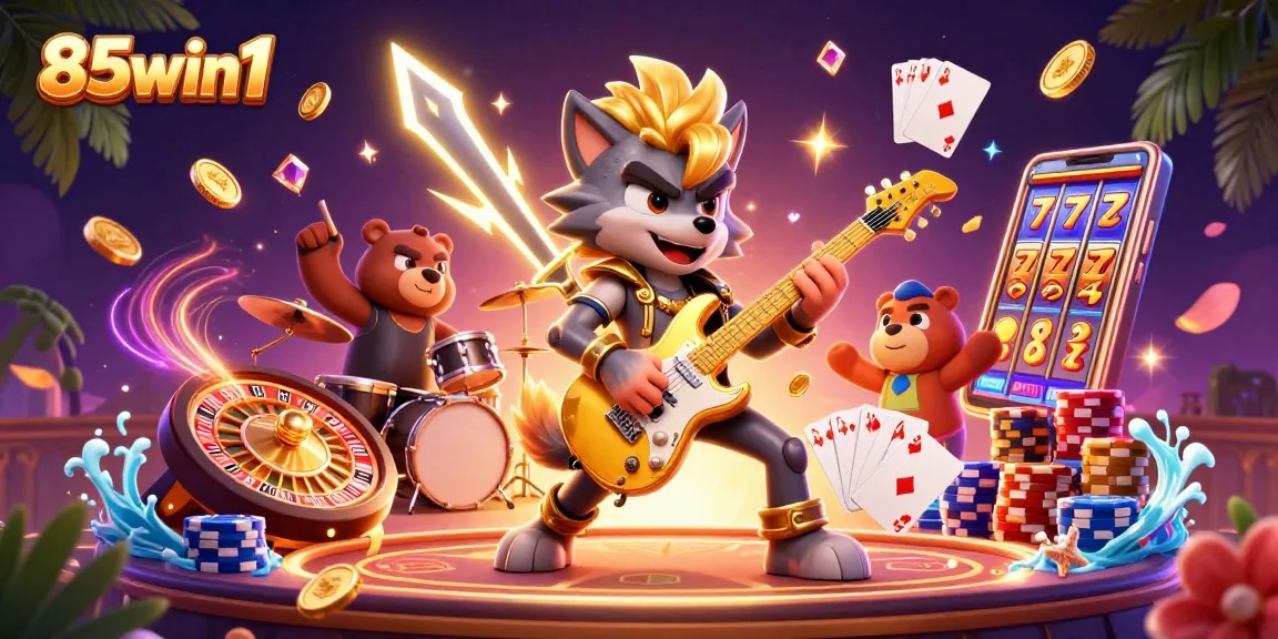 Experience the excitement of 85win1 with a rock star wolf on stage amidst casino thrills.