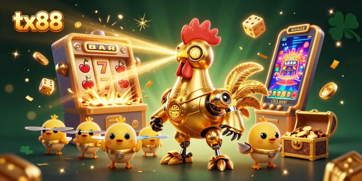 Engage with tx88's dynamic casino adventure featuring a golden rooster robot and baby chick drones.