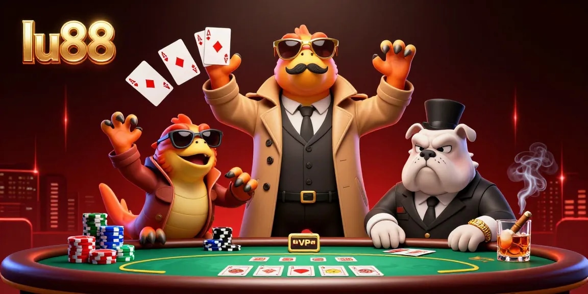 Raptors disguised attempting entry into VIP area, showcasing lu88 brand in vibrant casino scene filled with poker elements.