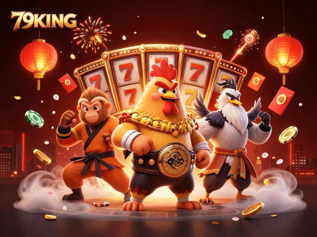 Engage with 79KING's thrilling casino adventure featuring animated characters and vibrant slot reels.