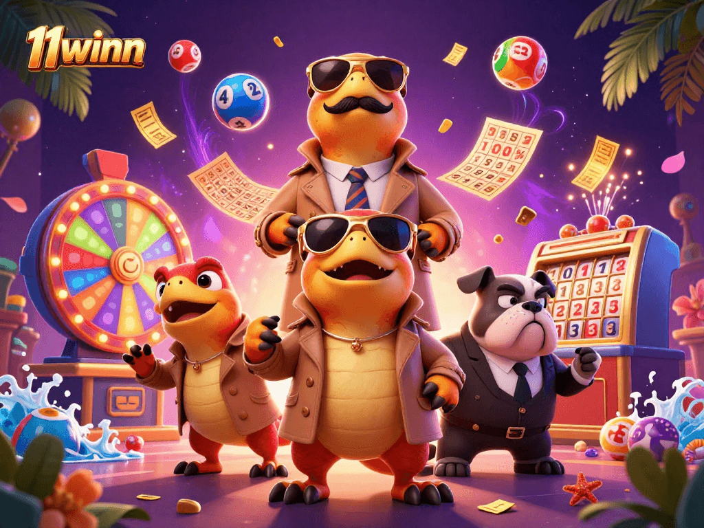 Experience the excitement of 11winn as cartoon raptors attempt to enter a casino, surrounded by vibrant game elements.