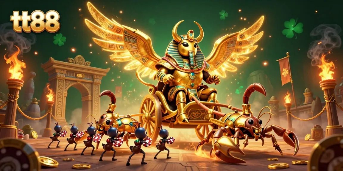 Experience the excitement of tt88 with a dazzling golden pharaoh beetle and gaming elements.
