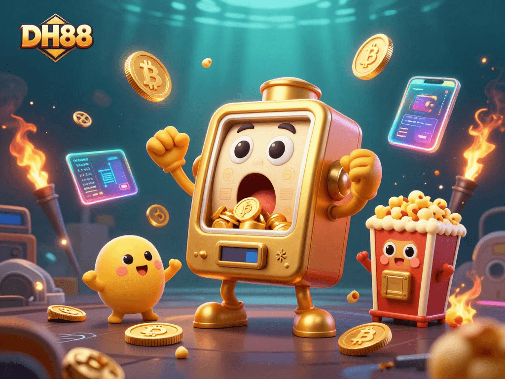 DH88 astounds as the golden slot machine hits jackpot, surrounded by colorful game elements.