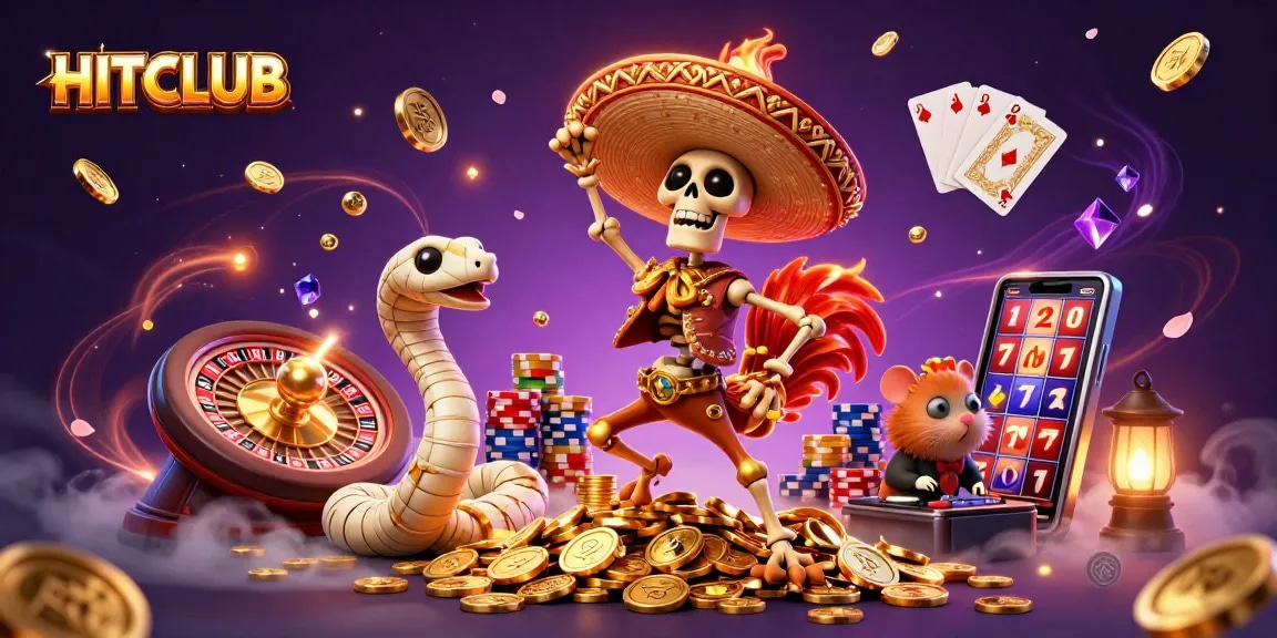 Experience the excitement at HITCLUB with our vibrant 3D casino scene filled with winning characters.