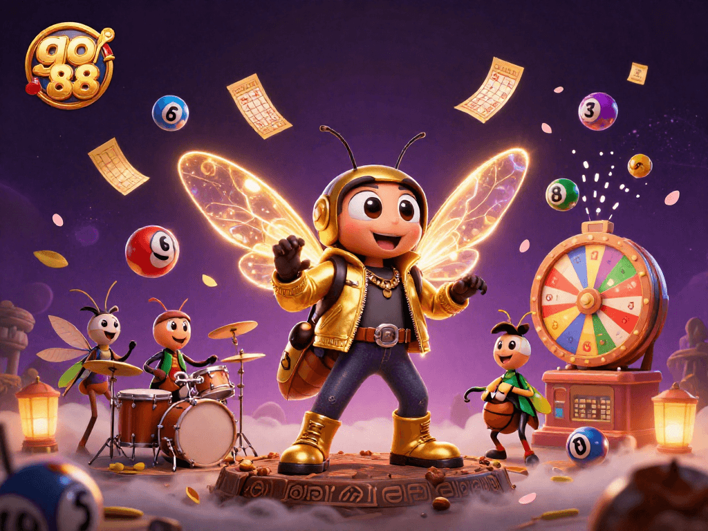Experience the excitement of go 88 with a lively 3D casino-themed scene featuring a cicada rock star.
