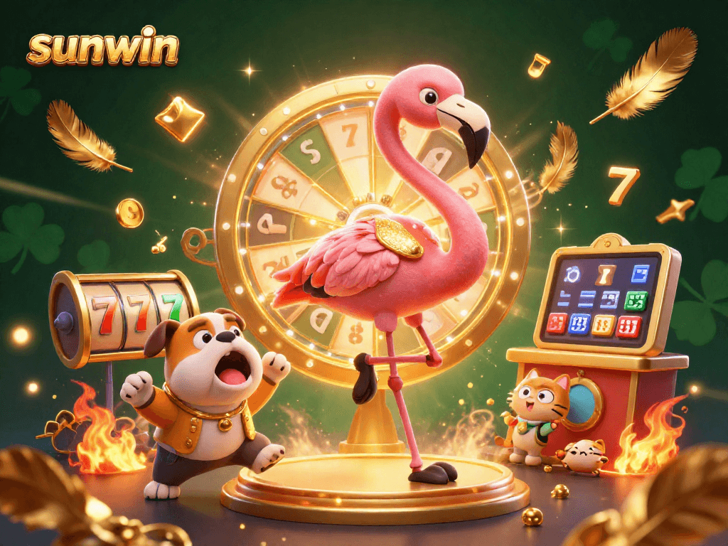 Spin the giant prize wheel at Sunwin and reveal exciting rewards with colorful characters in a vibrant casino scene.