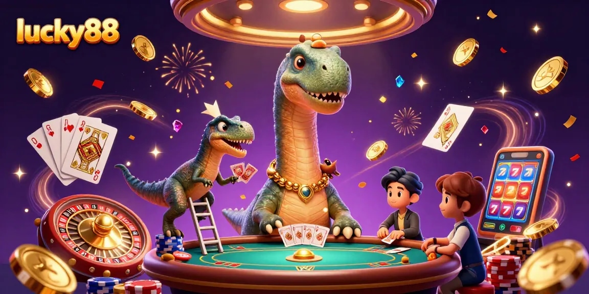 Experience excitement with lucky88 as the towering brontosaurus overlooks a vibrant casino, bringing fun to every game.