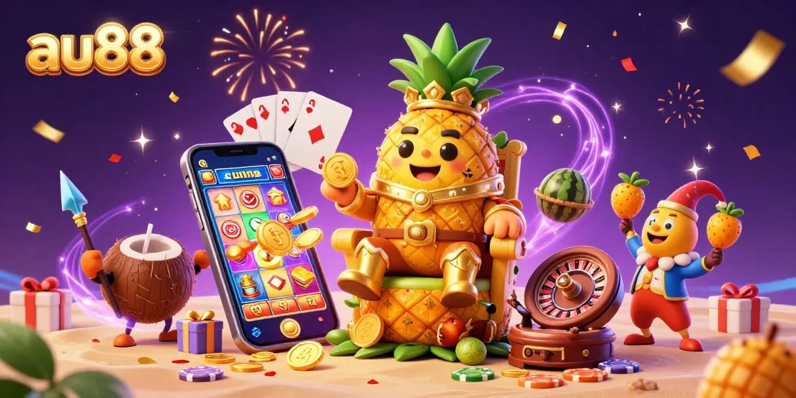 Experience the vibrant action of au88 with a golden pineapple king and playful casino theme.
