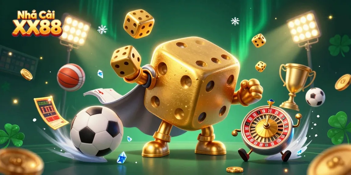 Bet on Nhà cái XX88 with dynamic golden dice and vibrant sports elements in a rich 3D casino scene.