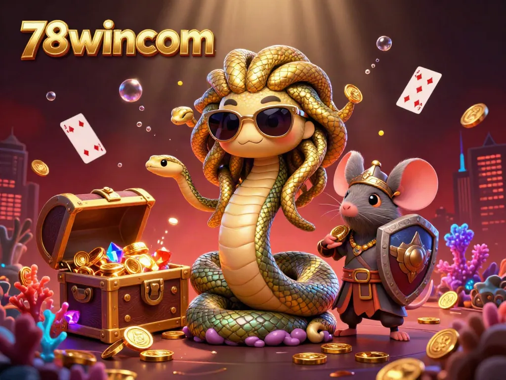 Experience the thrill of gaming at 78wincom with a vibrant Medusa and warrior mouse in an exciting casino scene.