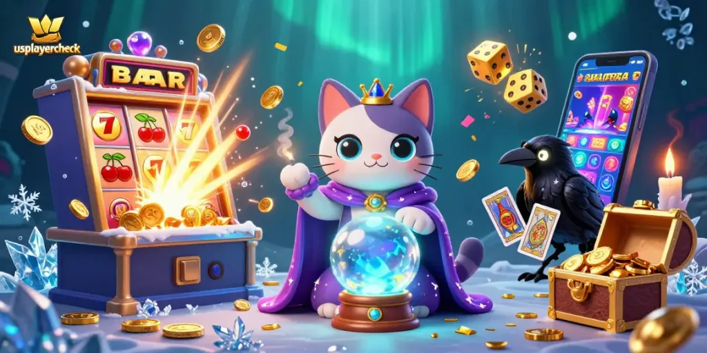 Play casino games with usplayercheck in a vibrant, detailed 3D illustration showcasing mystical elements and enriching game features.