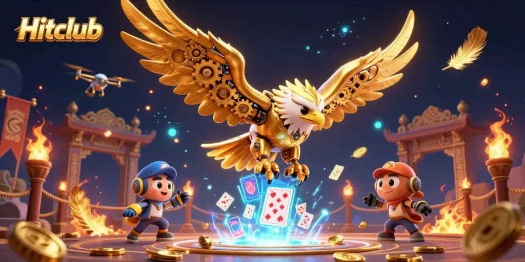 Experience thrilling gameplay with Hitclub's immersive casino elements, featuring a stunning golden eagle and holographic cards.