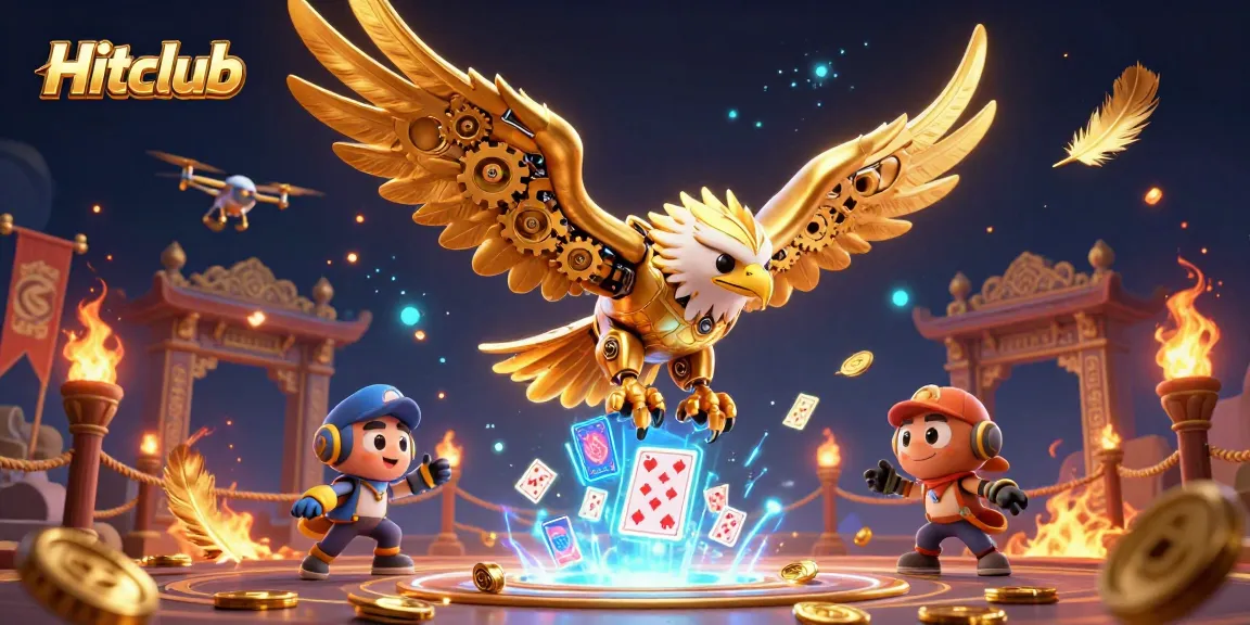 Experience thrilling gameplay with Hitclub's immersive casino elements, featuring a stunning golden eagle and holographic cards.