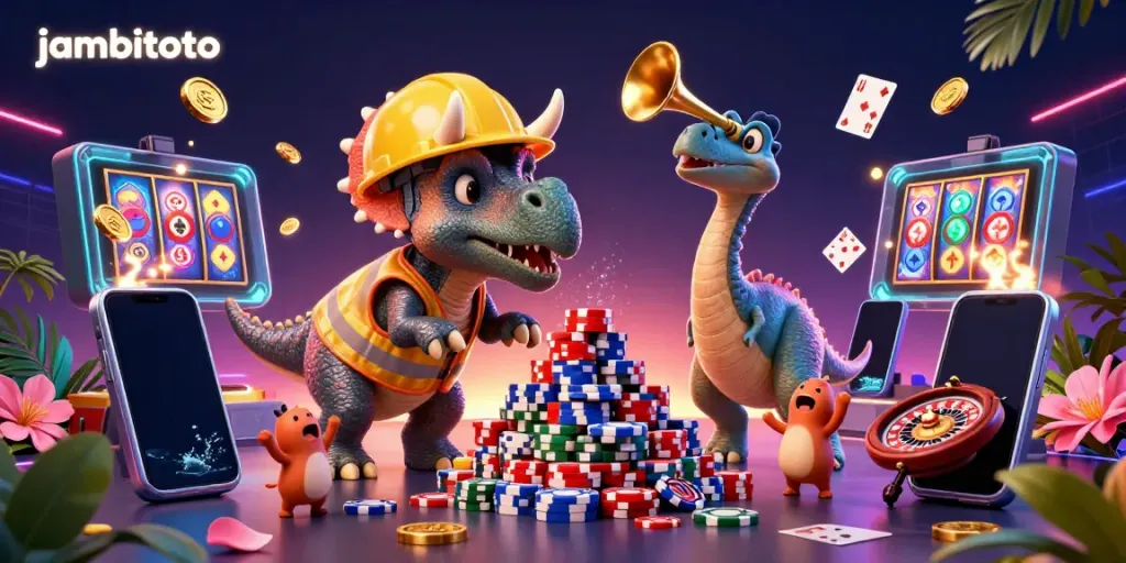 Experience the celebration at jambitoto with thrilling gaming action featuring a jubilant triceratops building poker chips.