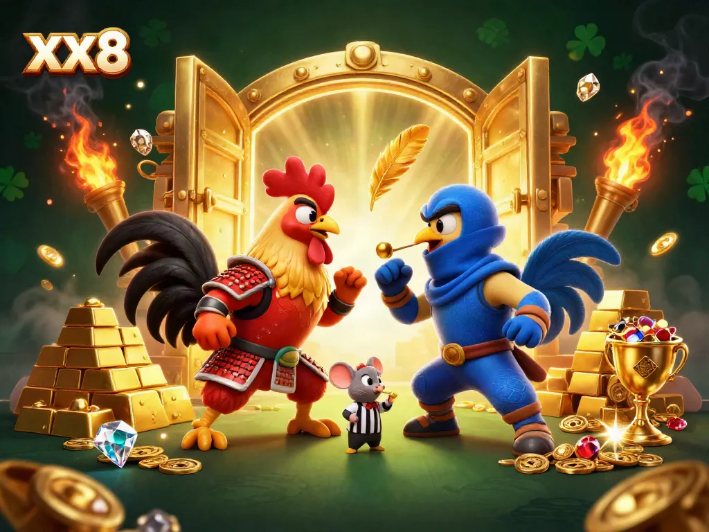Experience the thrilling duel of roosters in samurai and ninja gear on XX 8, surrounded by golden treasures.