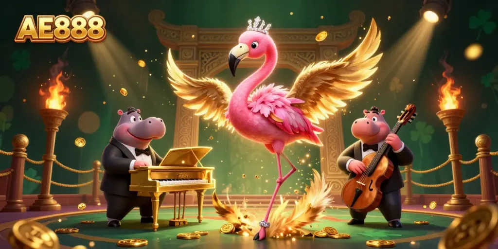 AE888 casino scene with a flamingo singer and hippo bassist, surrounded by gold coins and game elements.