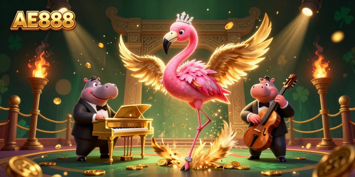 AE888 casino scene with a flamingo singer and hippo bassist, surrounded by gold coins and game elements.