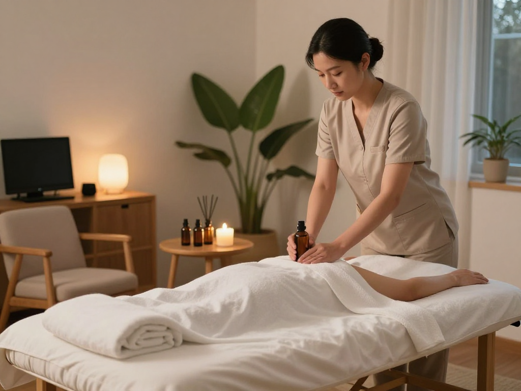 Relaxing setting for 시흥출장안마 with a professional therapist preparing soothing oils and a massage bed in a tranquil home environment.