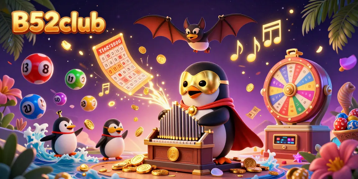 B52club penguin playing organ with coins, vibrant casino elements in a lively scene.