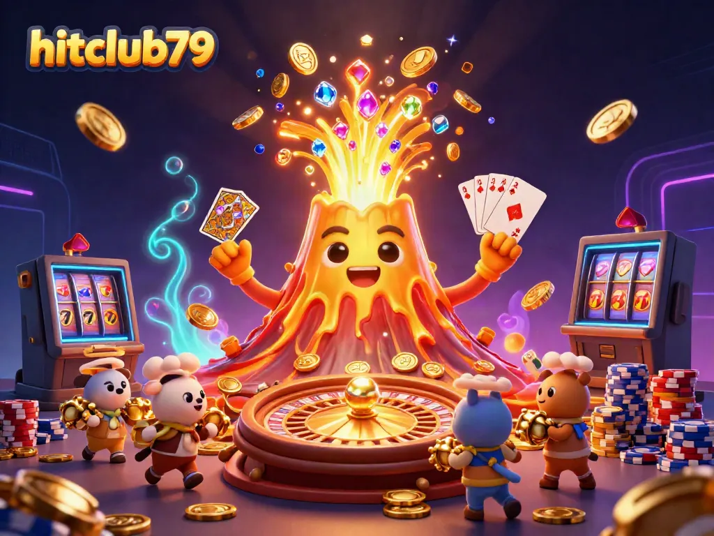 Hitclub79 showcases an epic casino scene with treasures, games, and vibrant characters in action.